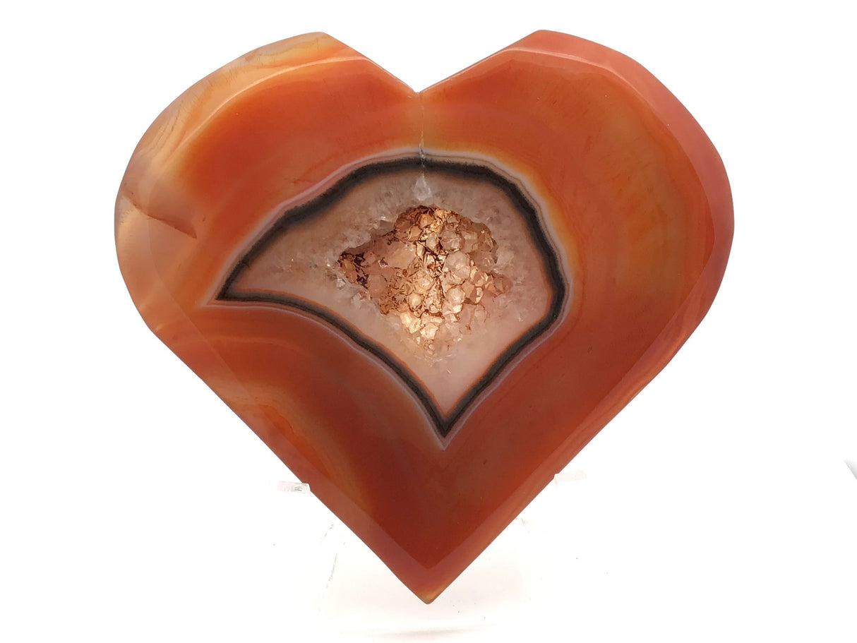 Sardonyx Carnelian Agate Heart Flat with Druze on Lucite Stand - Light Orange Banding with Dark Brown Pointed Band Aroung Center Clear Sugar Druzy Pocket
