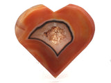 Sardonyx Carnelian Agate Heart Flat with Druze on Lucite Stand - Light Orange Banding with Dark Brown Pointed Band Aroung Center Clear Sugar Druzy Pocket