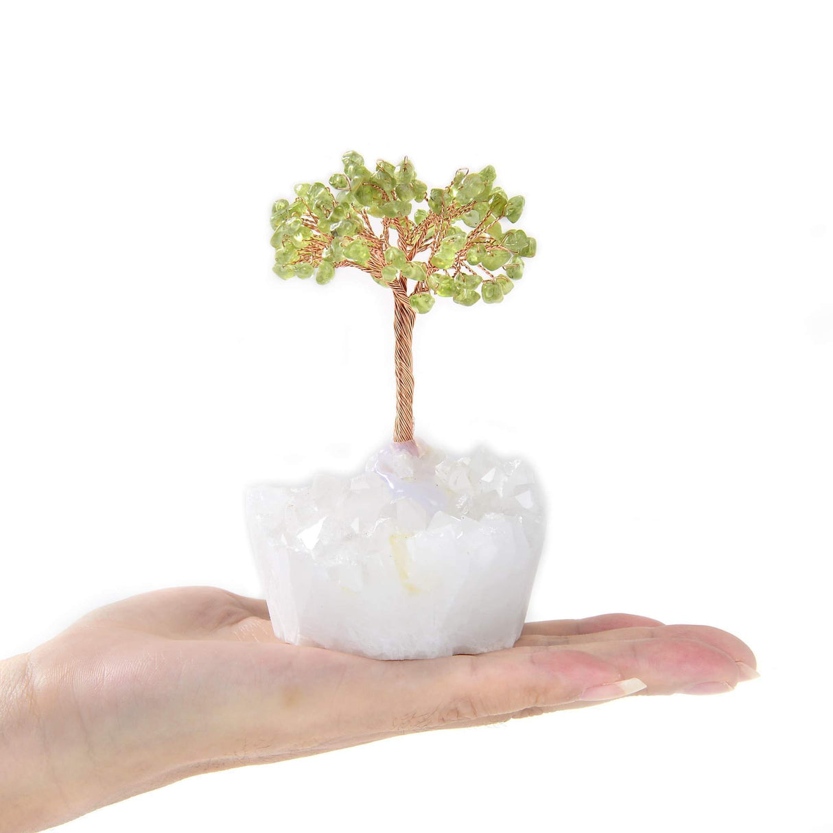 Peridot Copper Wire Beaded Gemstone Tree on Quartz Crystal Base