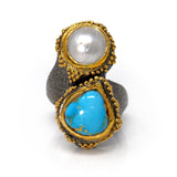 New Mexico Turquoise Ring Size 7.5 - Stacked Voluptuous Pear Cabochon & Pearl with Gold Vermeil Bezels & Beading on Stamped Oxidized Sterling Silver Band