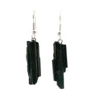 Black tourmaline dangle earrings with raw striated crystal blades on silver ear wires