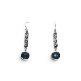 Rare Earth Gallery labradorite dangle earrings featuring round cabochons in 925 sterling silver swirl bar settings.