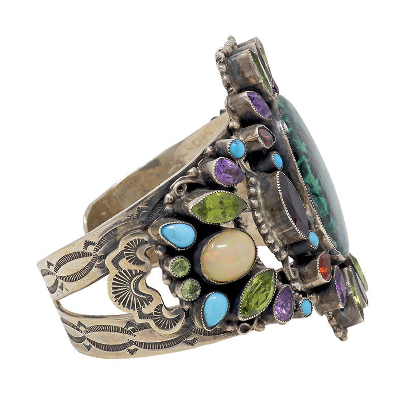 Leo Feeney Chatoyant Malachite & Chrysocolla Cuff Bracelet with Garnet, Ethiopian Opal, Peridot, Sleeping Beauty Turquoise & Amethyst