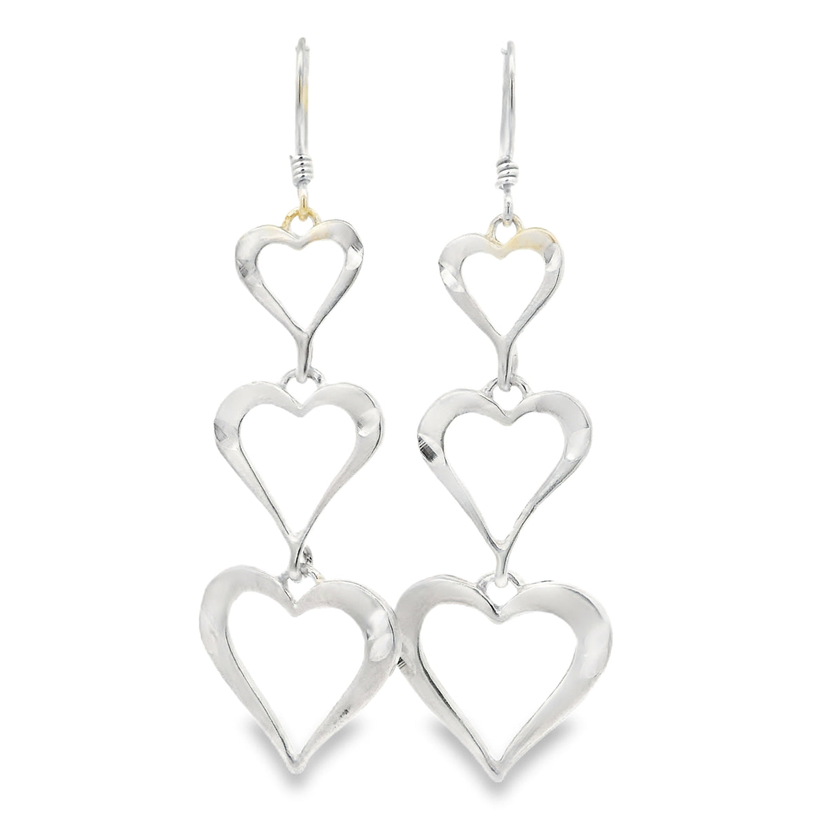 Triple open-heart sterling silver dangle earrings with graduated heart drops
