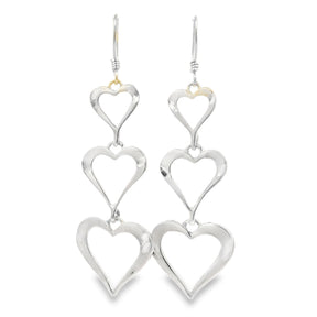 Triple open-heart sterling silver dangle earrings with graduated heart drops