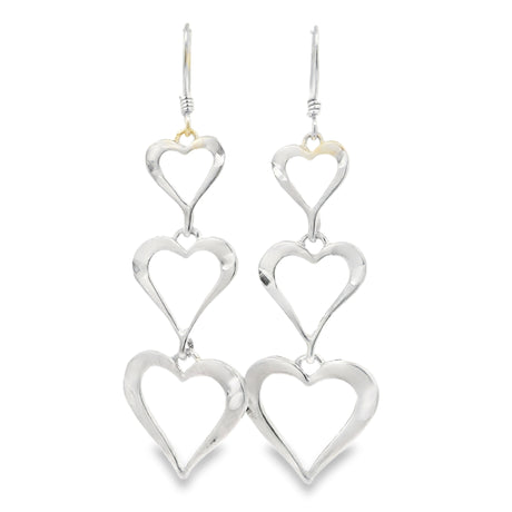 Triple open-heart sterling silver dangle earrings with graduated heart drops