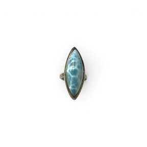 Rare Earth Gallery elongated oval larimar ring with a cambered cabochon stone and a polished silver edge