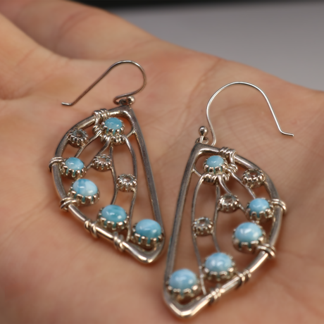 View of Larimar Dangle Earrings -Rounds With Blue Topaz On Butterfly Wing Halves