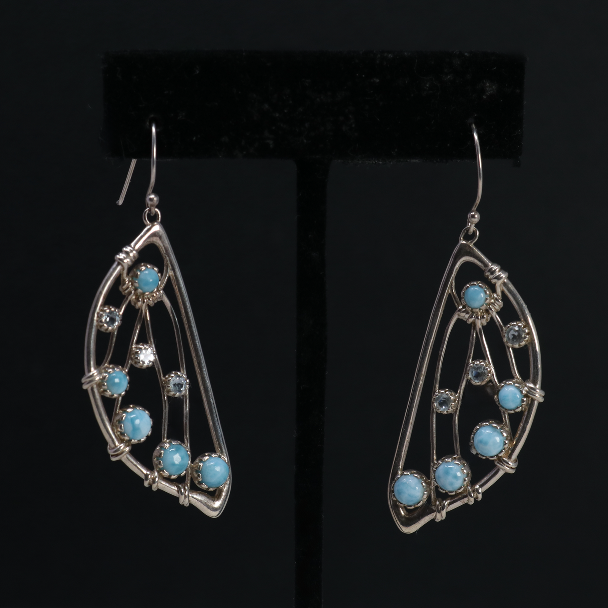 Larimar Dangle Earrings -Rounds With Blue Topaz On Butterfly Wing Halves