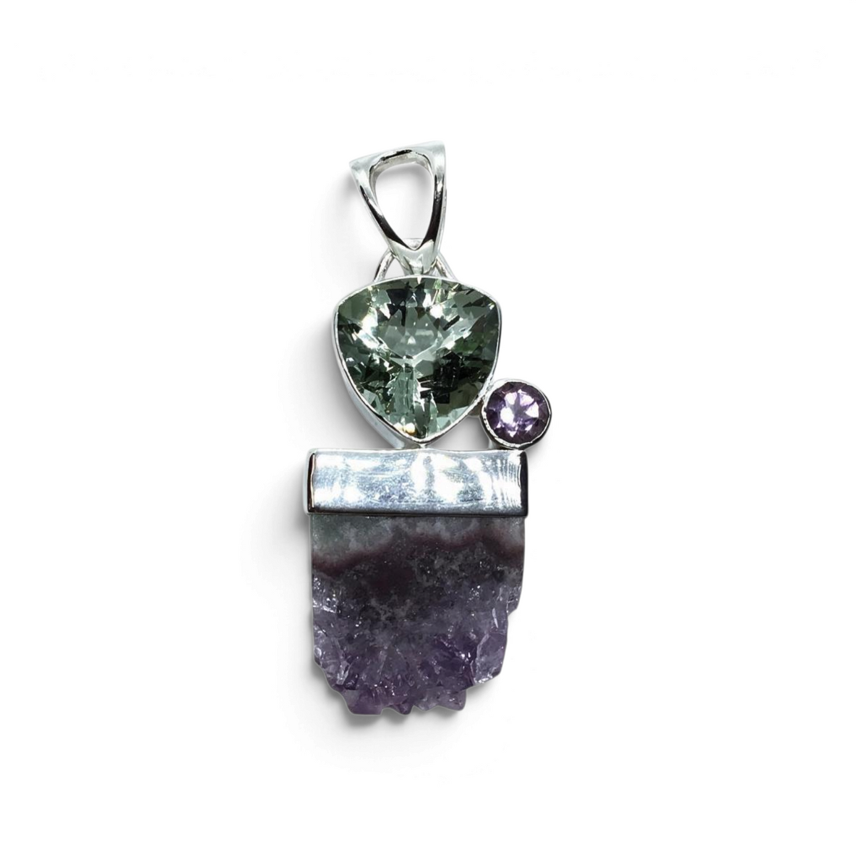 Rare Earth Gallery sterling silver pendant featuring a trillion prasiolite, round amethyst, and amethyst stalactite.