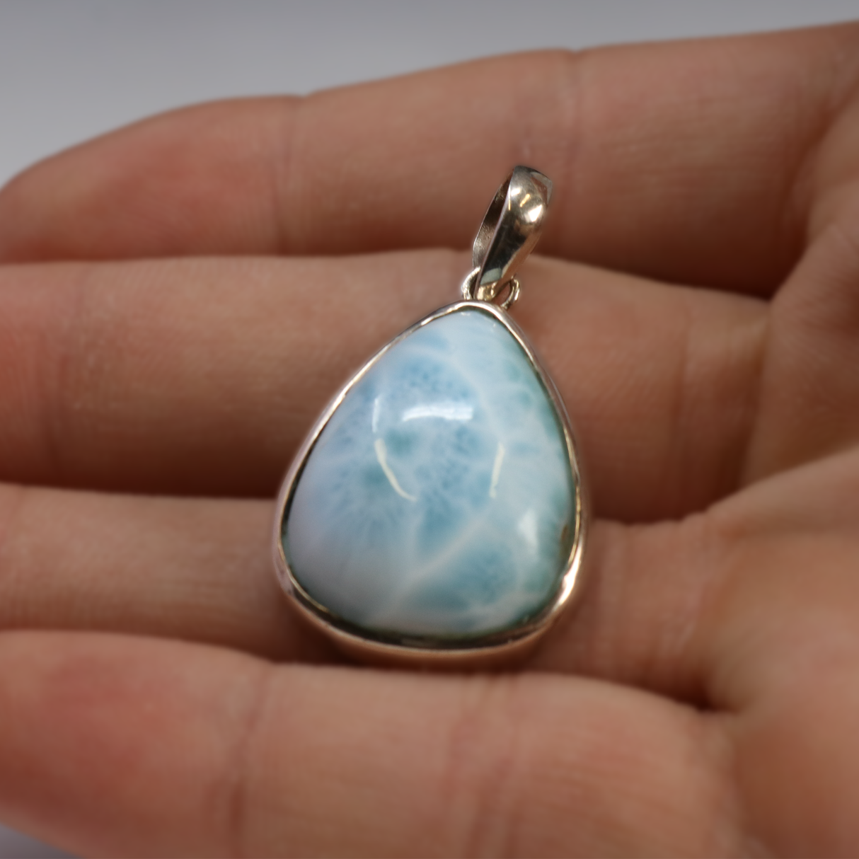 View of Larimar Pendant -Pear In Simple Setting (Domed)