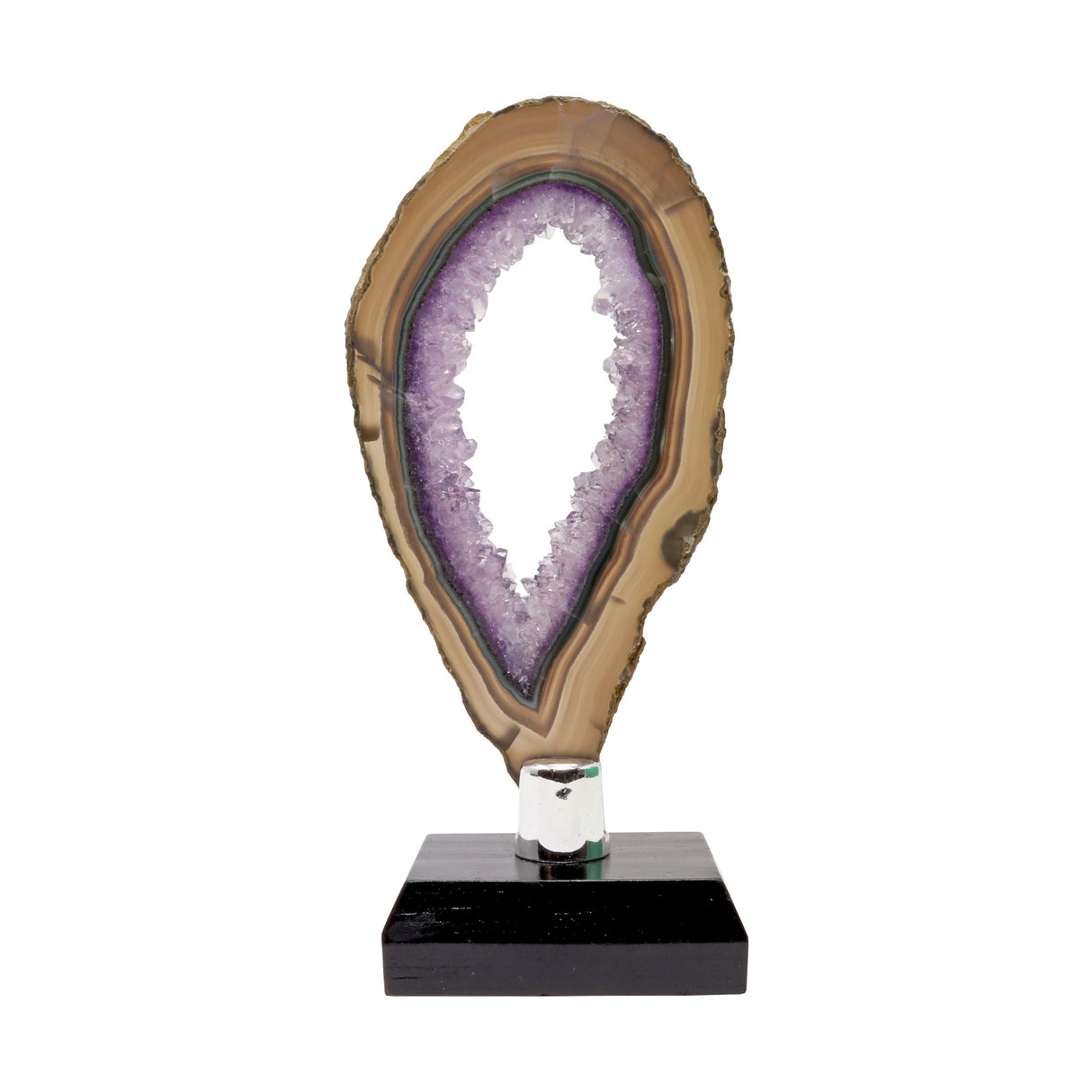 Agate Slice - Amethyst with Void Center Brown & Green Exterior on Wooden Screw Stand