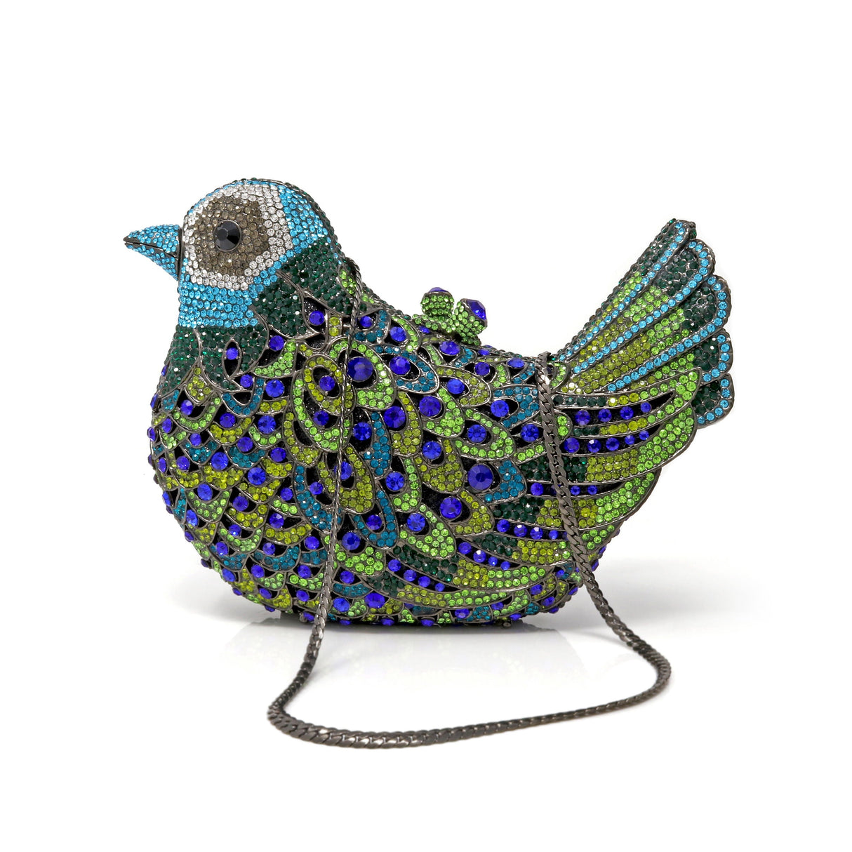 Peacock Colors Bird Crystal Purse with Chain - Black Eyes Oxidized Tone