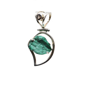 View of Chatoyant Malachite Prong Set Pendant with Smoky Quartz - Silver Heart Detail & Cutout Bail