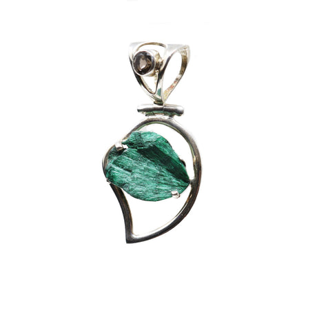 View of Chatoyant Malachite Prong Set Pendant with Smoky Quartz - Silver Heart Detail & Cutout Bail