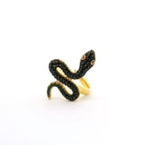 Nano Stone Ring - Black Snake with Red Eyes in Gold Vermeil over 925 Sterling Silver szAdj