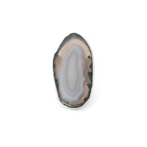 View of Translucent Fawn Edge With Light Blue & White Banded Agate Ring With Moss Agate & Cutout Double Band Sz 8