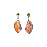 View of Crazy Lace Agate Earrings On Post With Oval Peridot Stud - Dark Orange & Pastel Purple