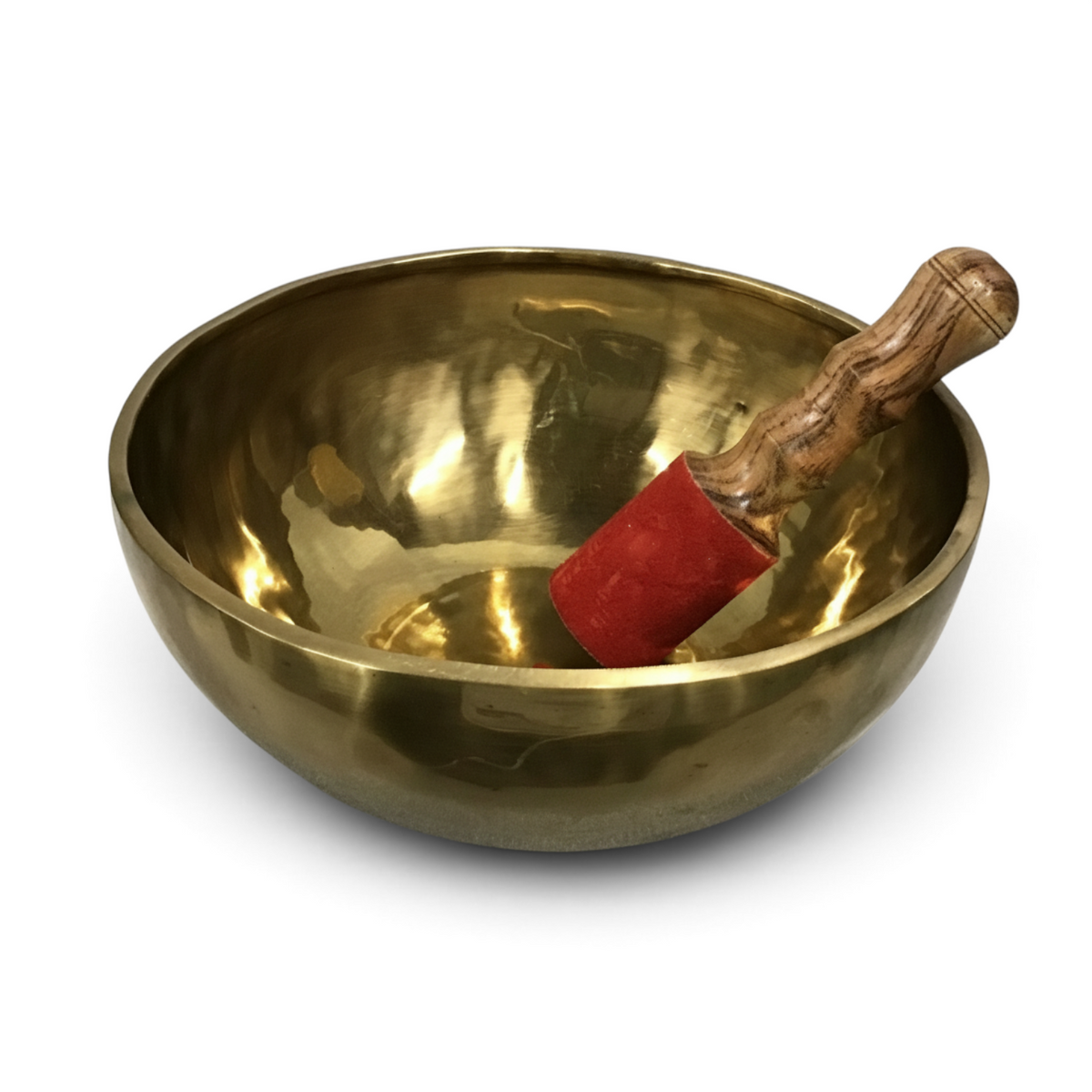 Rare Earth Gallery brass singing bowl in note C with a wooden mallet featuring a red felt tip for meditation
