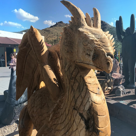 View of Hand-carved Tan Travertine Dragon - Large