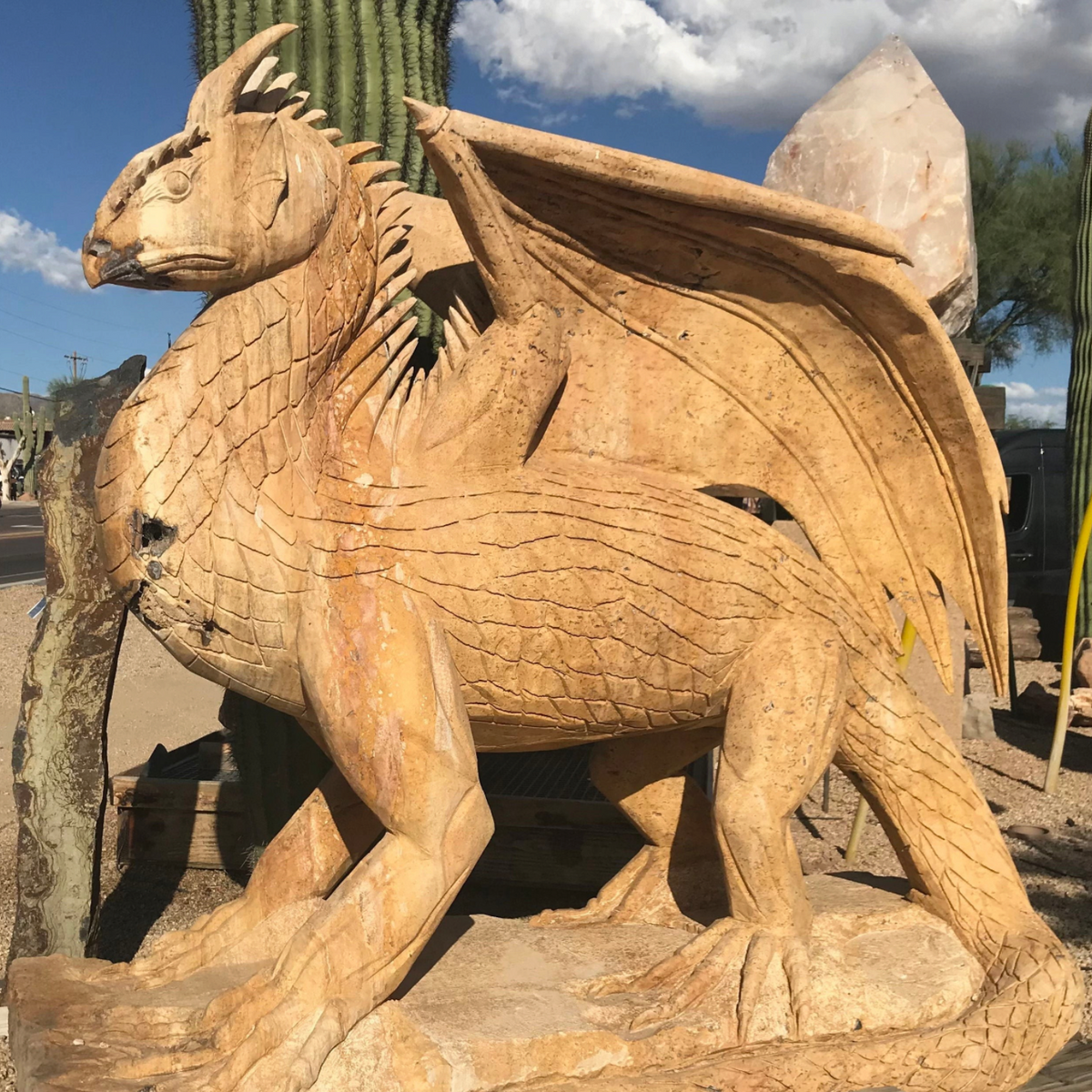 View of Hand-carved Tan Travertine Dragon - Large