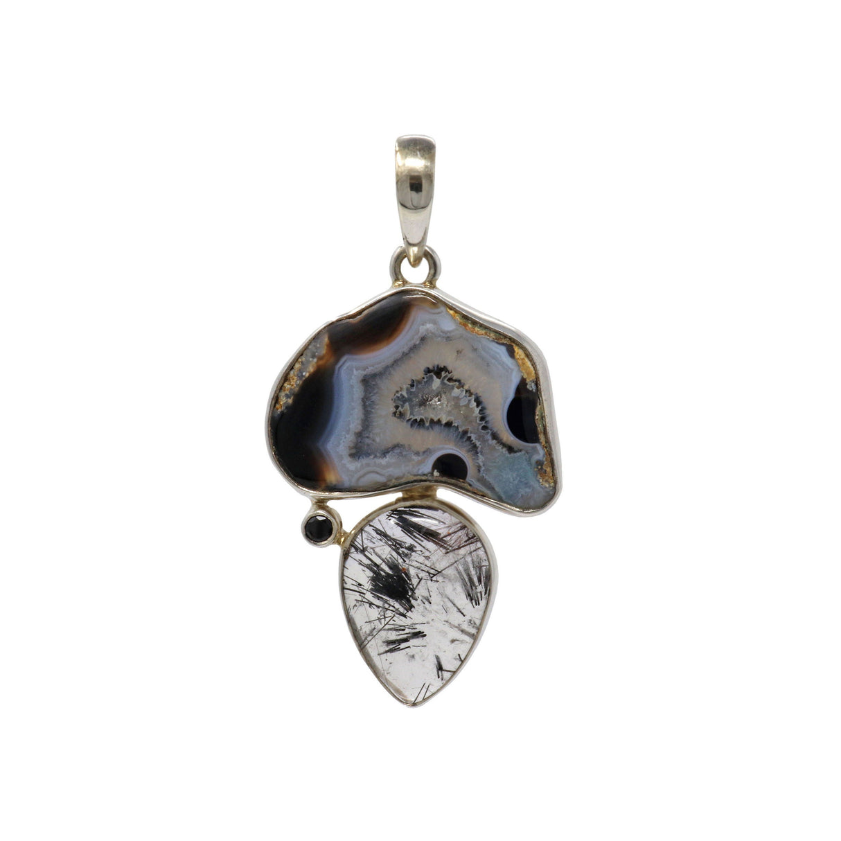 Black Agate Geode Pendant with Black Tourmalated Quartz Pear at Bottom & Black Spinel