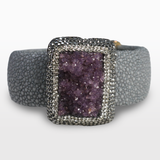 View of Druze Amethyst Bracelet Cuff - Rectangle With Marcasite & Gray Stingray Leather Wide Band Cuff