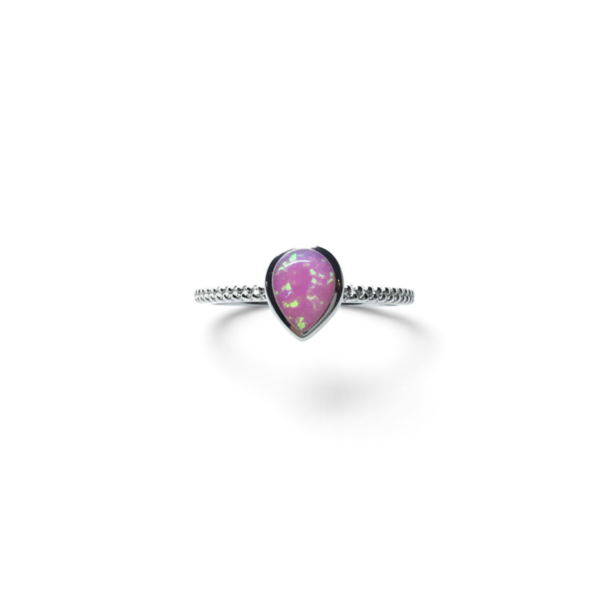 Rare Earth Gallery pear-shaped pink opal ring featuring a delicate textured silver band