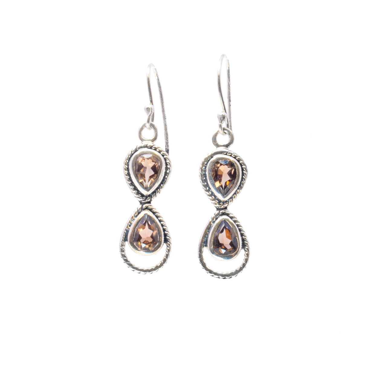 Smoky Quartz Earrings -Faceted Pears In Rope Infinity