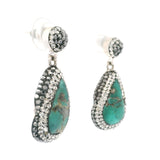 Persian Turquoise Dangle Earrings - Pear with Brown Inclusions Surrounded by Rows of Silver Swarovski Crystals & Marcasite Hanging from Round in 925 Sterling Silver