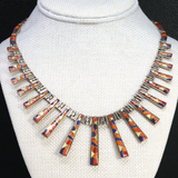 View of Micro Inlay Necklace With Spiny Oyster In 3 Colors & Mother Of Pearl In Vertical Tapered Rectangles