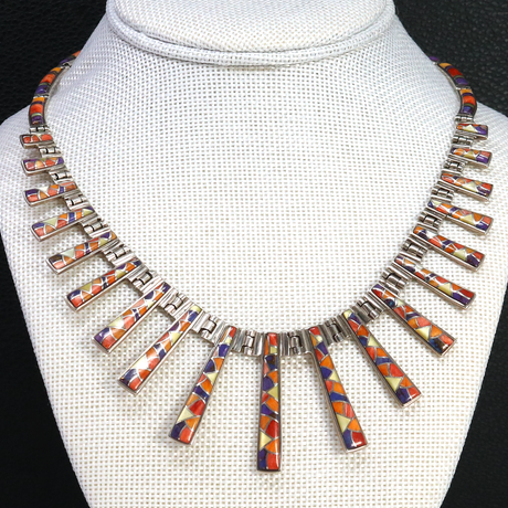 View of Micro Inlay Necklace With Spiny Oyster In 3 Colors & Mother Of Pearl In Vertical Tapered Rectangles