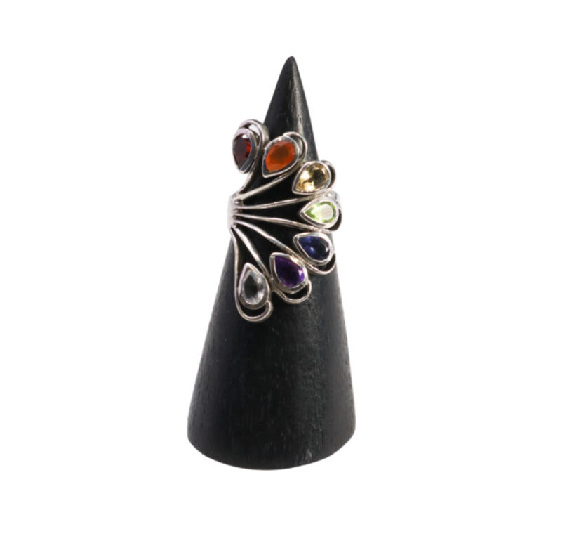 7 Chakra Ring - Faceted Pears With Silver Bezels On Silver Wire Flower & Cutout Band Top Sz6