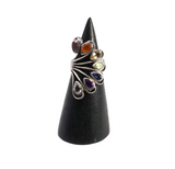 7 Chakra Ring - Faceted Pears With Silver Bezels On Silver Wire Flower & Cutout Band Top Sz6