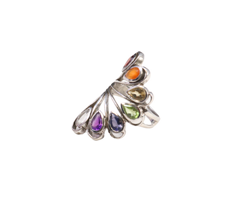 View of 7 Chakra Ring - Faceted Pears With Silver Bezels On Silver Wire Flower & Cutout Band Top Sz6