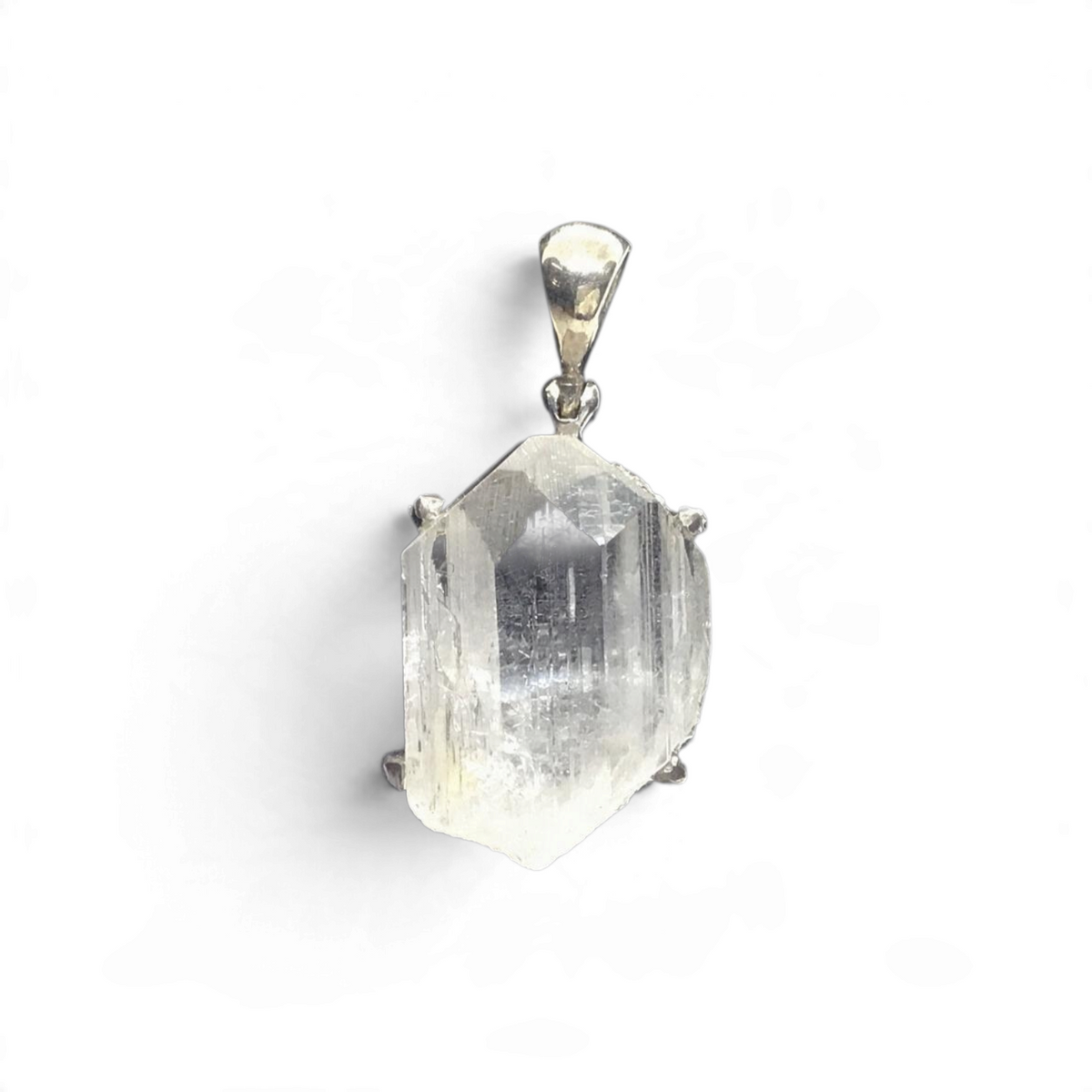 Rare Earth Gallery double terminated clear Danburite crystal pendant in a rhodium plated prong setting.