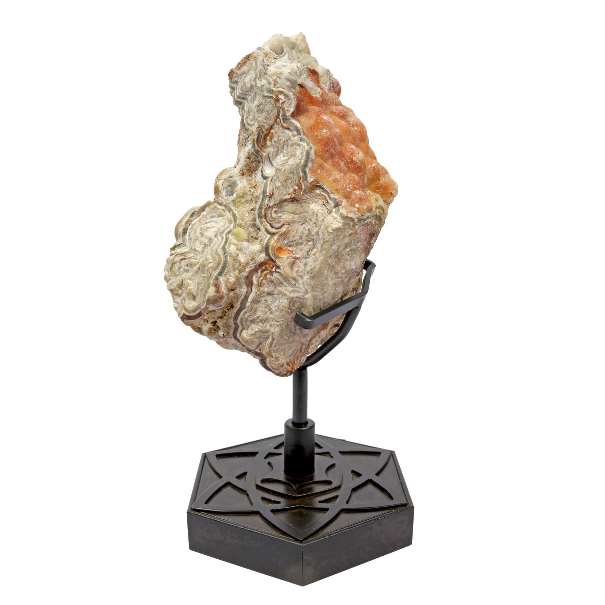 Laguna Lace Agate End Cut on a Rustic Rotating Flower of Life Custom Stand - Sacred Geometry