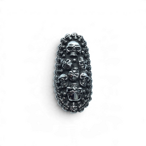 Stainless steel skull ring, elongated knuckle-guard cluster of multiple skulls