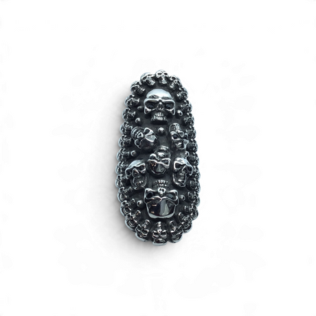 Stainless steel skull ring, elongated knuckle-guard cluster of multiple skulls