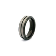 Two-tone silver tungsten band with brushed finish and black grooved center