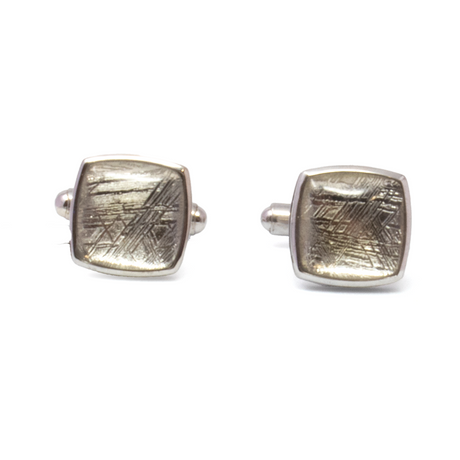 View of Muonionalusta Meteorite Cufflinks - Cambered Square On Silver Bezel With Beading On Sides