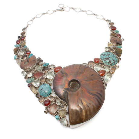 View of Opalized Ammonite Fossil Necklace & Dangle Earrings Set With Multi Gemstone Matrix - Large Ammonite