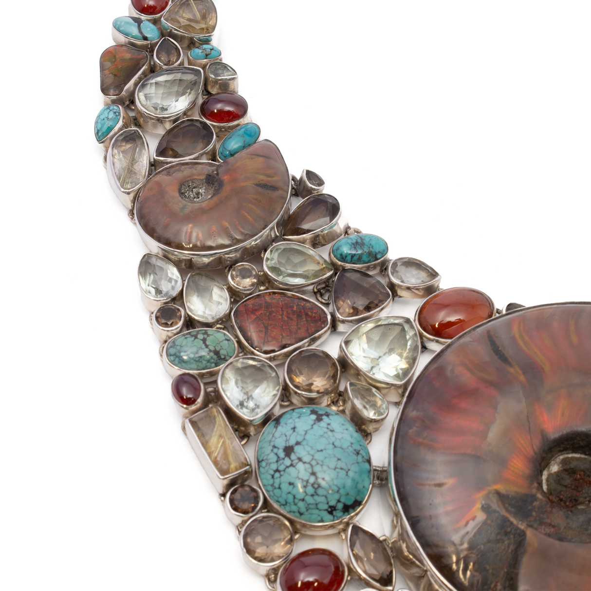 Opalized Ammonite Fossil Necklace & Dangle Earrings Set With Multi Gemstone Matrix - Large Ammonite