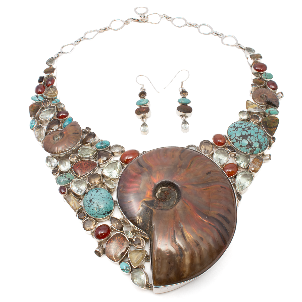 Opalized Ammonite Fossil Necklace & Dangle Earrings Set With Multi Gemstone Matrix - Large Ammonite