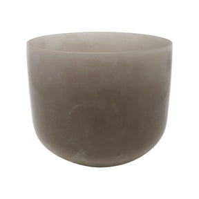 8-inch obsidian gem-infused quartz singing bowl, G note, smoky gray, on white