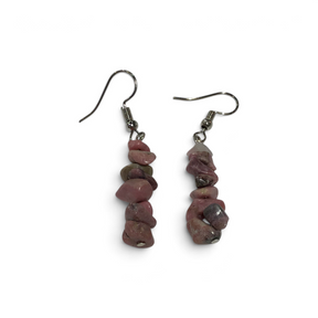 Rhodonite chip earrings with pink and gray tumbled stone pieces on silver hooks