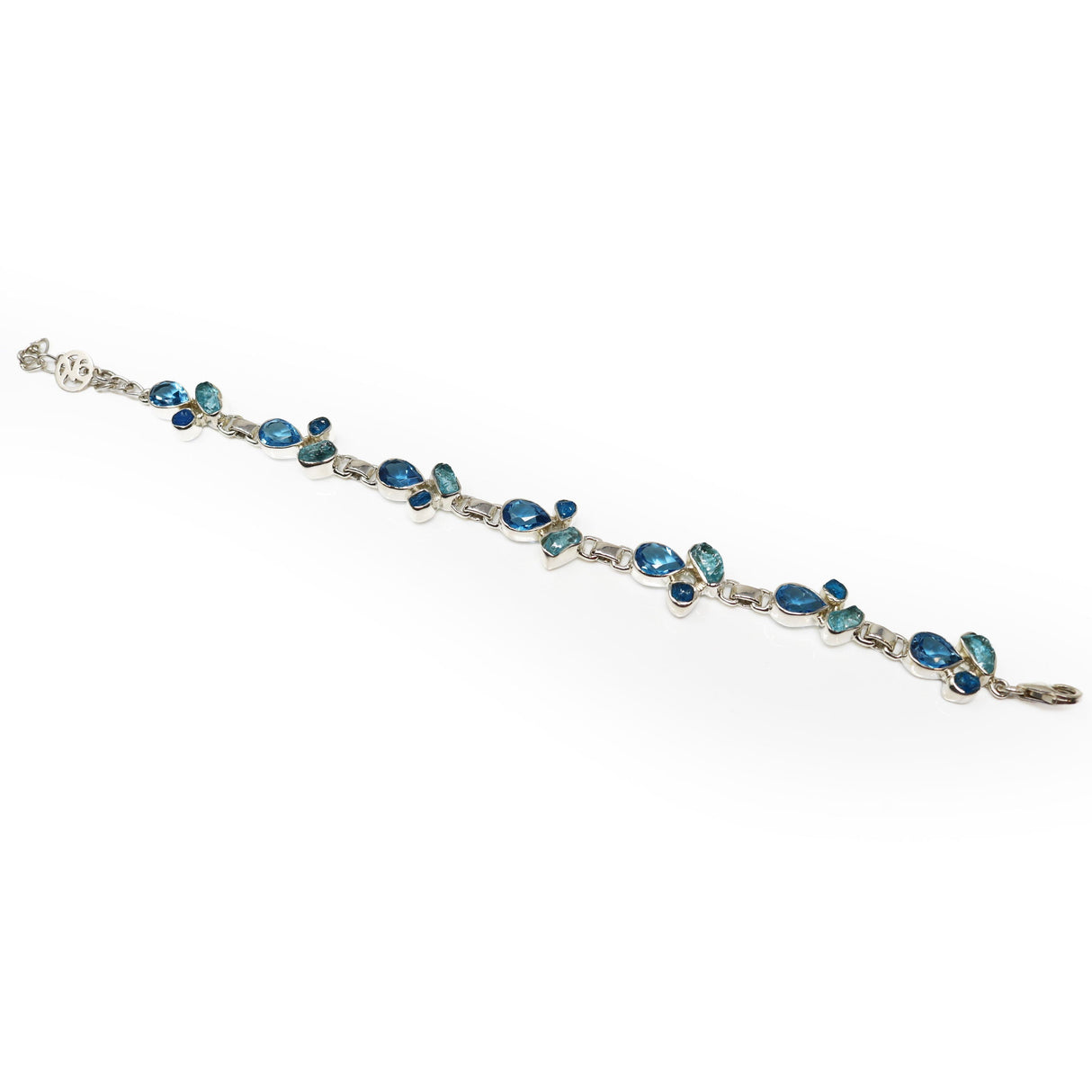 Blue Topaz Link Bracelet - 7 Faceted Pears with 14 Rough Blue Apatite Freeforms & 925 Sterling Silver Bezels