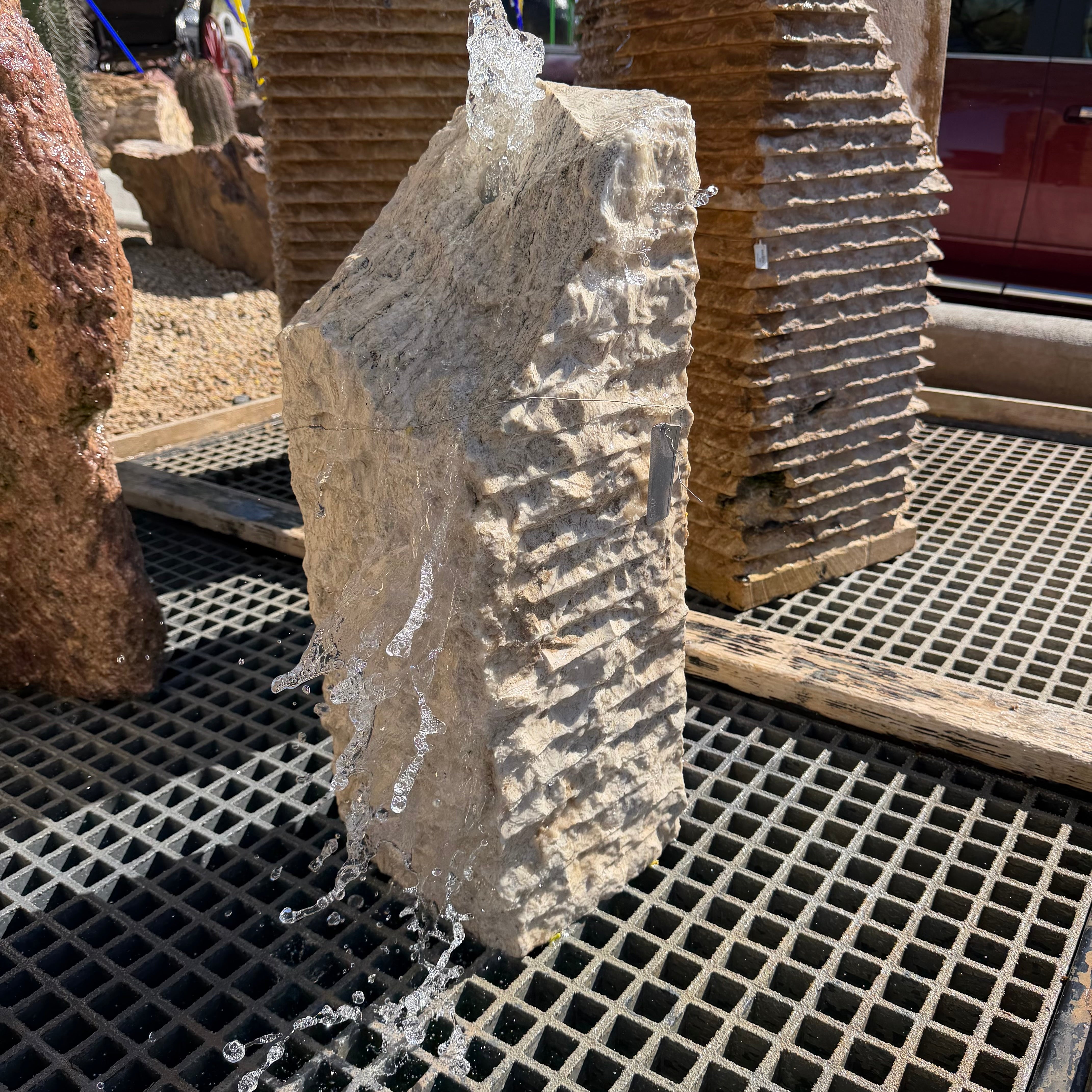 Beige Travertine Chiseled Column With Slanted Top - Rare Earth Gallery