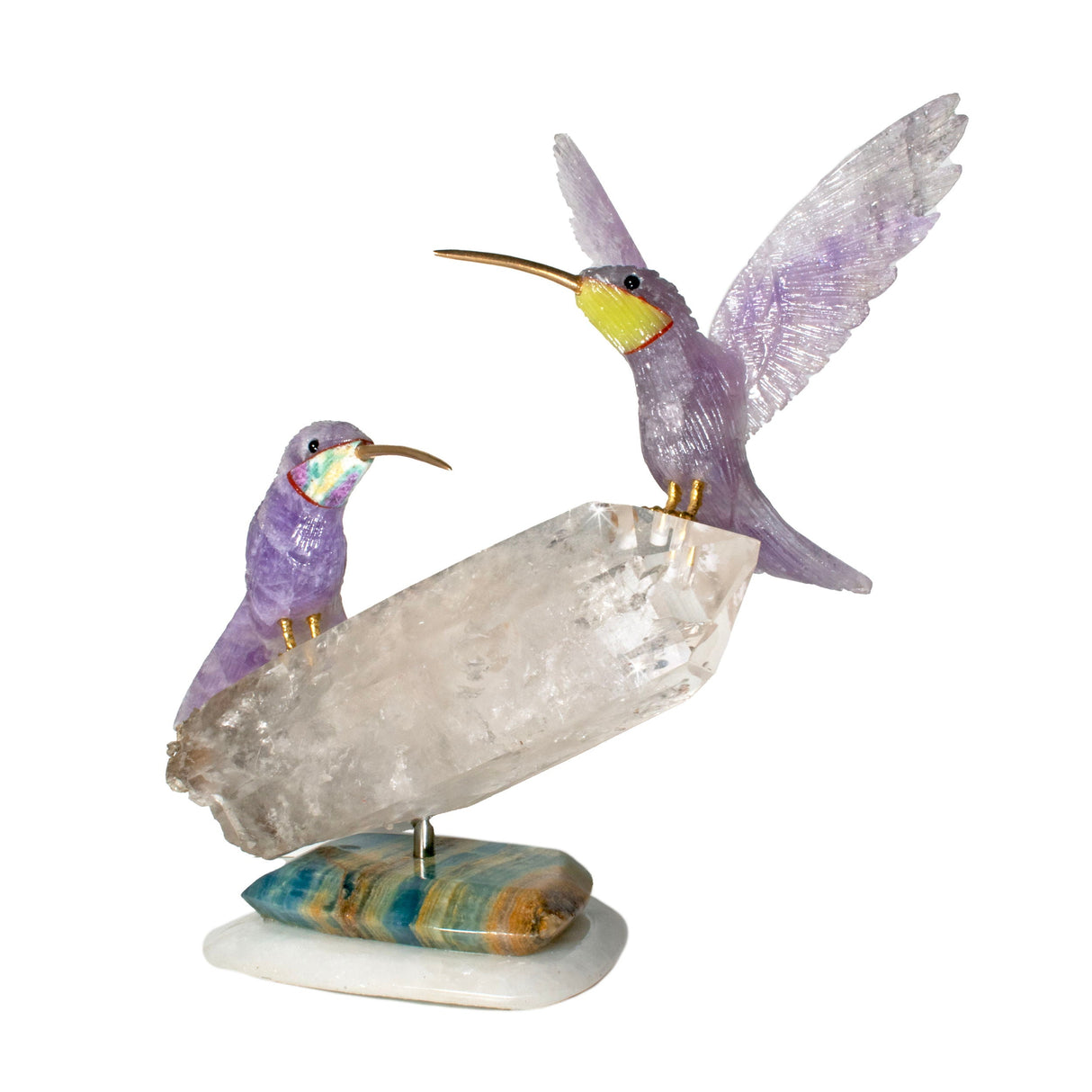 Amethyst Hummingbird Pair Perched on Quartz Crystal Cluster Base