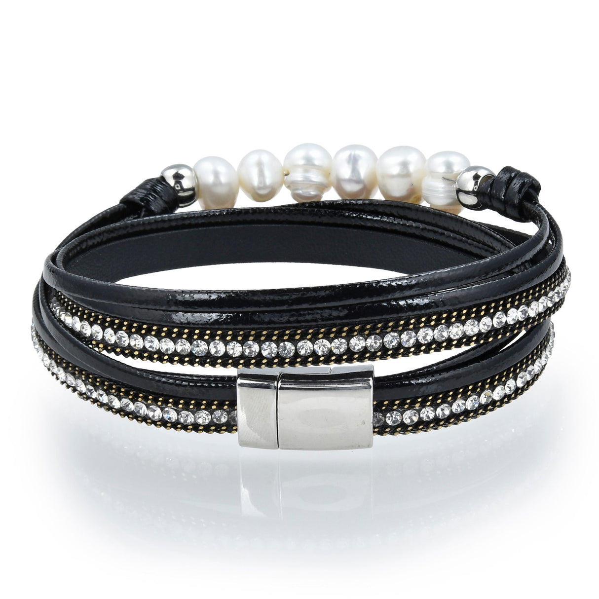 Double Wrap Pearl Bracelet - Black with Magnetic Clasp